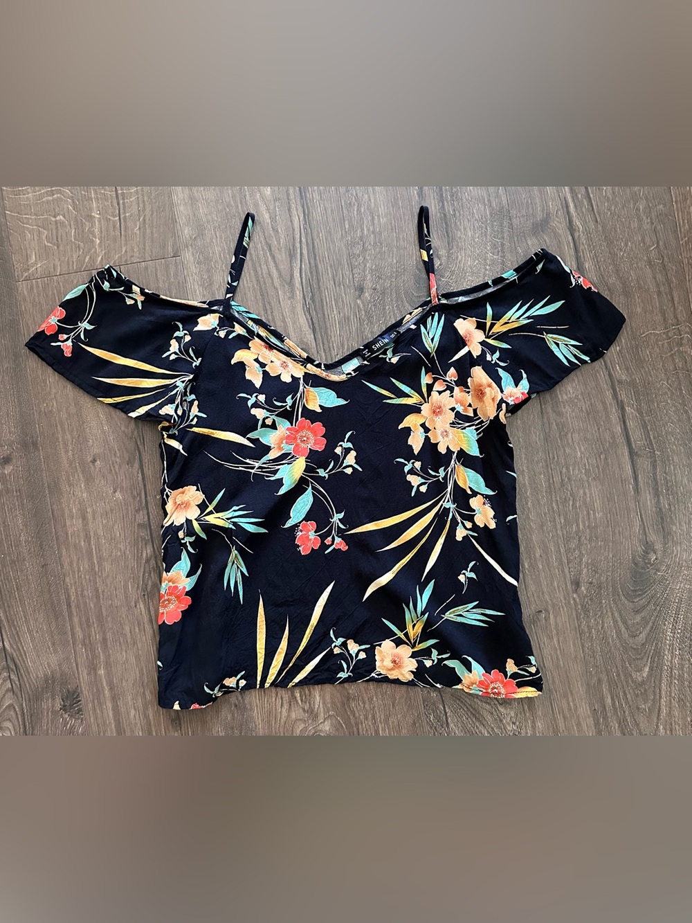 Black Floral Cold-Shoulder Top with Spaghetti Straps
